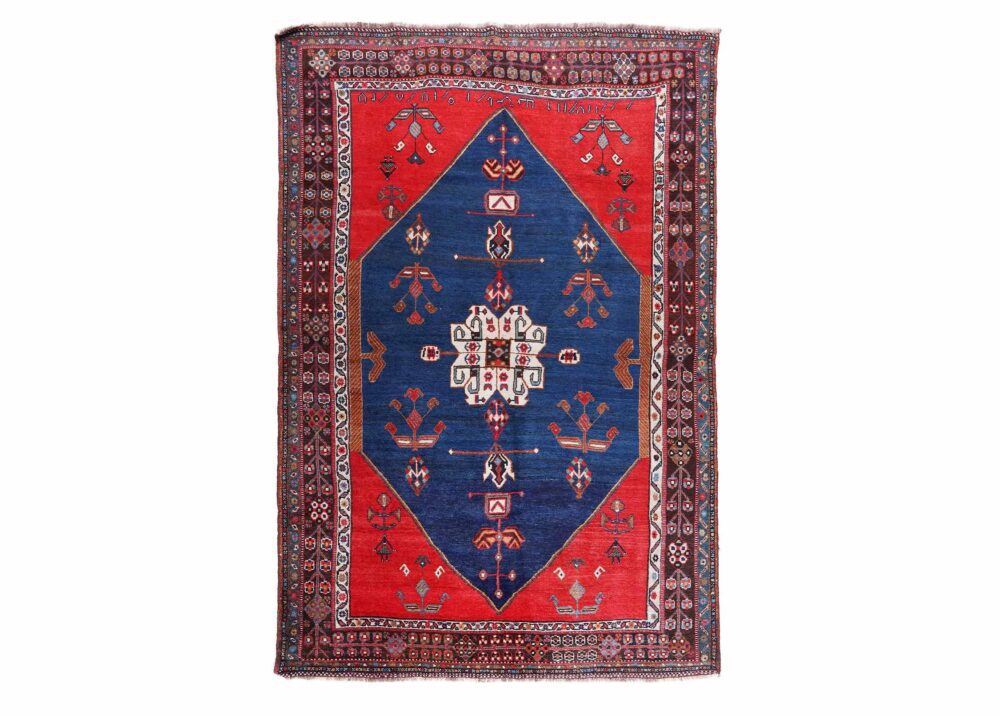 Antique Kizak Red and Blue Rug, 5.5x8 ft, Pure Wool Hand-Knotted - Rug Turkey