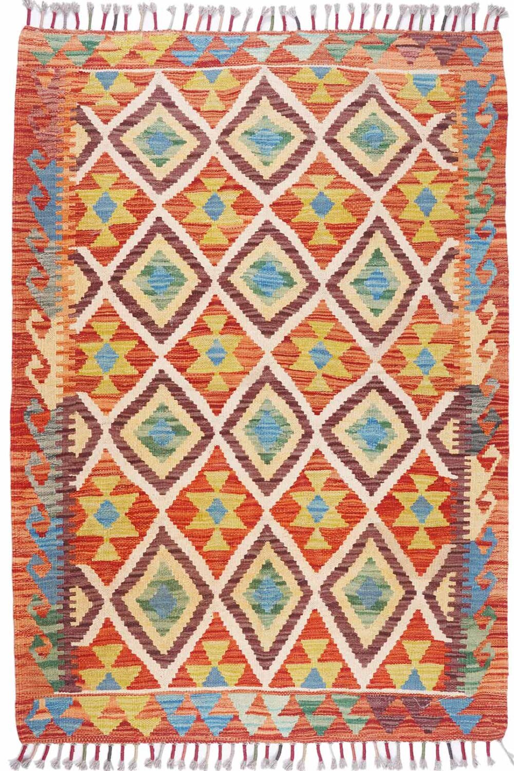 Beige and Orange Rug Wool Kilim 4.6x3 ft for Rustic Interior - Rugs Turkey