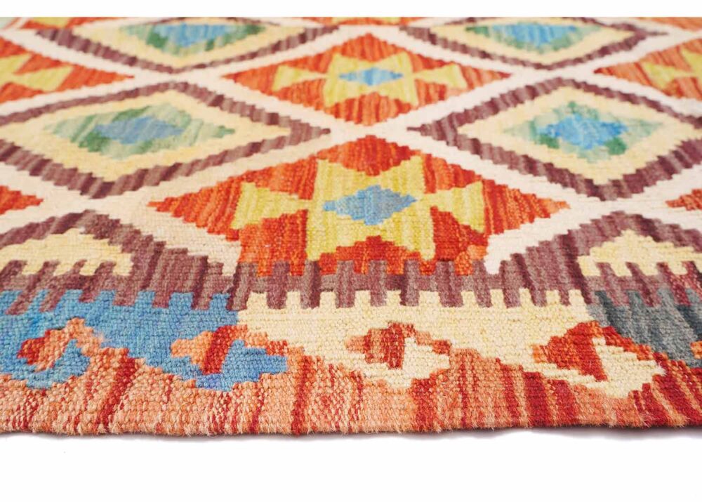 Beige and Orange Rug Wool Kilim 4.6x3 ft for Rustic Interior - Rugs Turkey