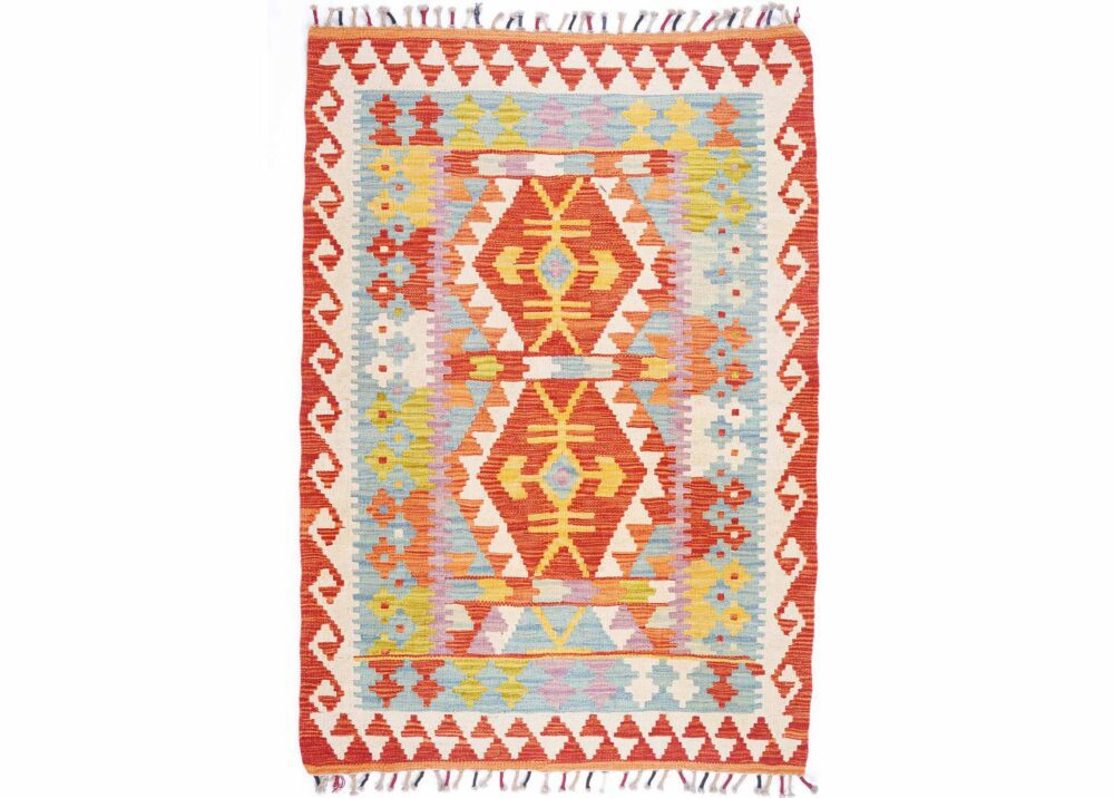 Flatweave Handwoven Wool Rug 4x2 ft Orange & Beige Kilim - Rugs Turkey