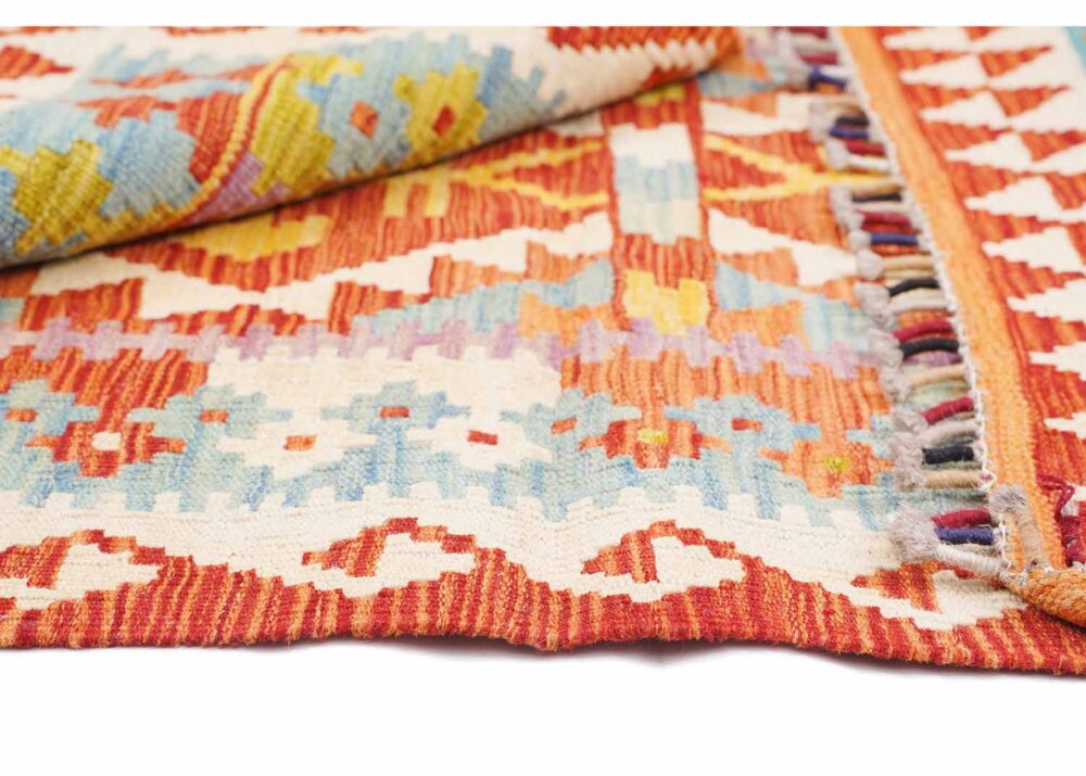 Flatweave Handwoven Wool Rug 4x2 ft Orange & Beige Kilim - Rugs Turkey