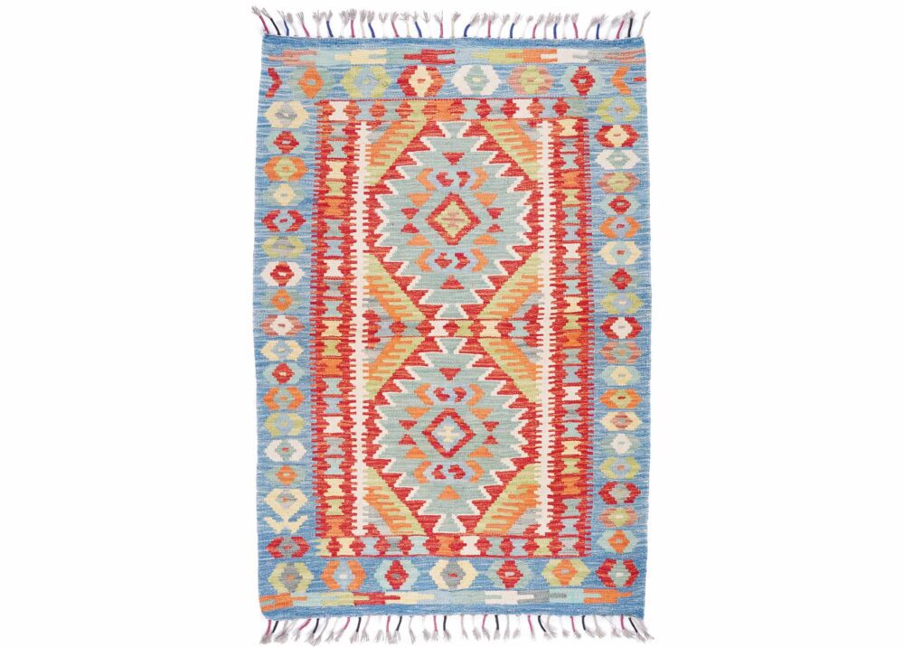 Geometric Blue and Red Area Rug Kilim 5x3 ft Handwoven - Rgus Turkey