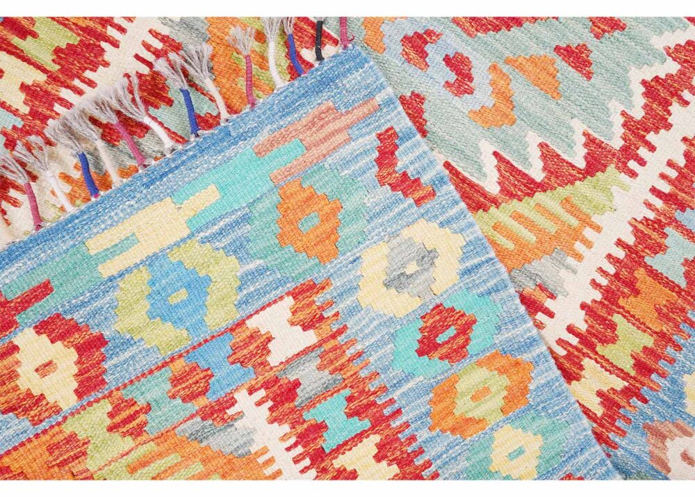 Geometric Blue and Red Area Rug Kilim 5x3 ft Handwoven - Rgus Turkey