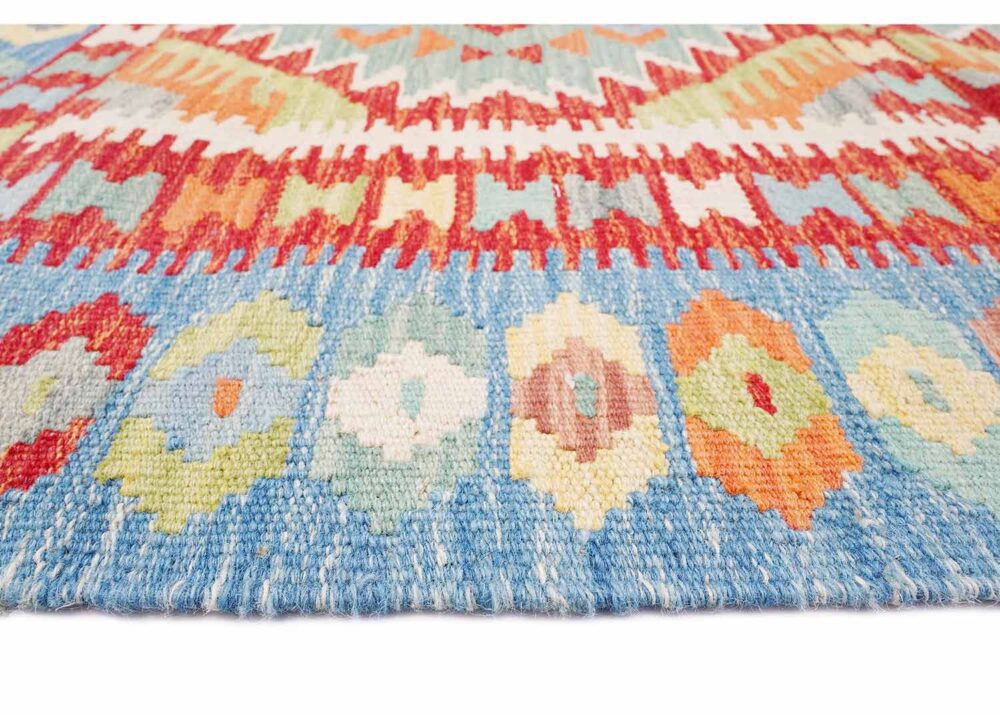 Geometric Blue and Red Area Rug Kilim 5x3 ft Handwoven - Rgus Turkey