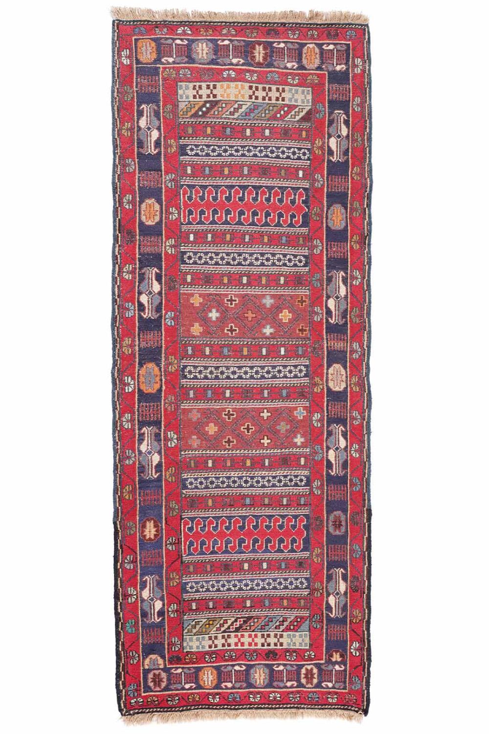 Gigim Wool Kilim Red and Blue Runner Rug - 6x2.5 ft Handwoven - Rugs Turkey