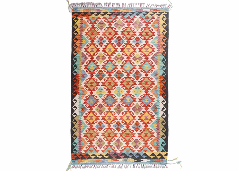 Handwoven Area Rug 6x4 ft Orange-Black Wool Kilim Rugs - Rugs Turkey