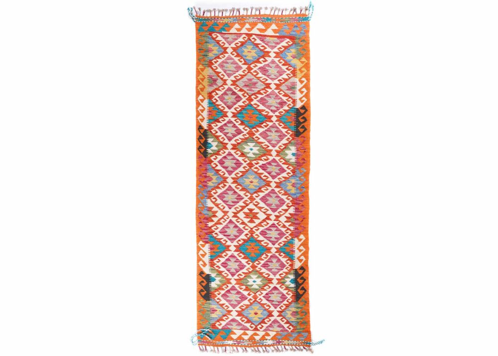 Handwoven Kilim Beige Orange Runner Rug 8x2.7 ft - Wool - Rugs Turkey