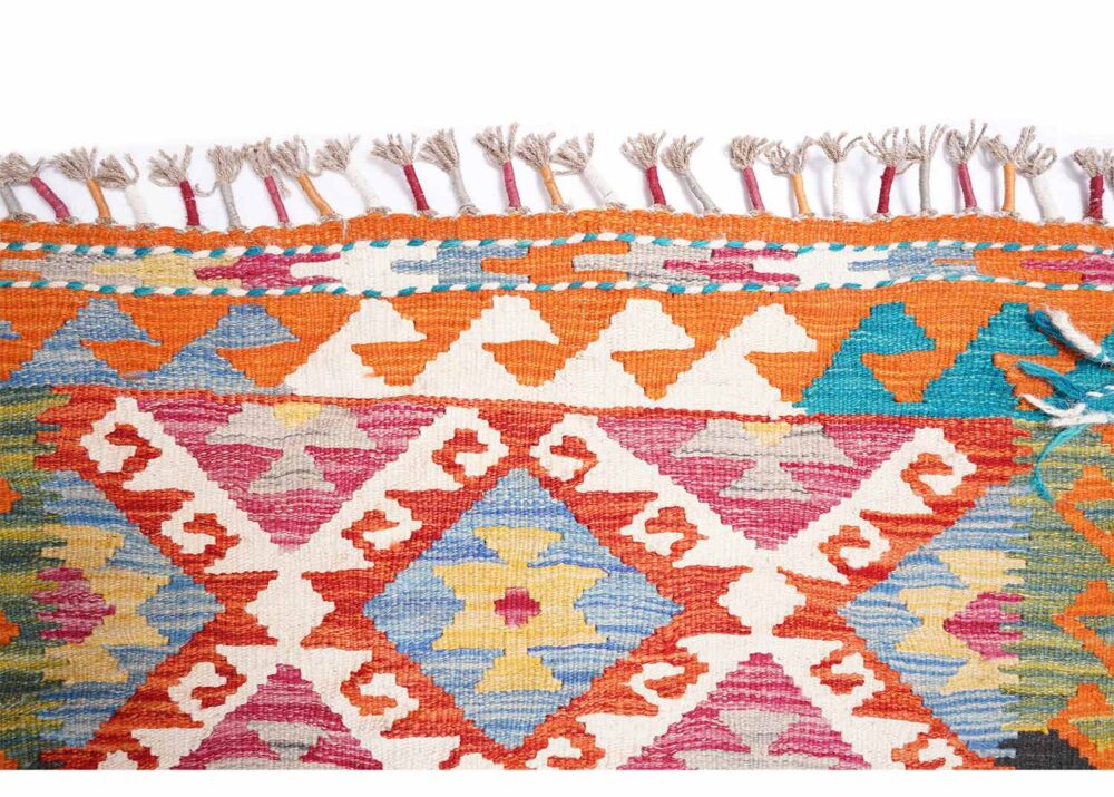 Handwoven Kilim Beige Orange Runner Rug 8x2.7 ft - Wool - Rugs Turkey