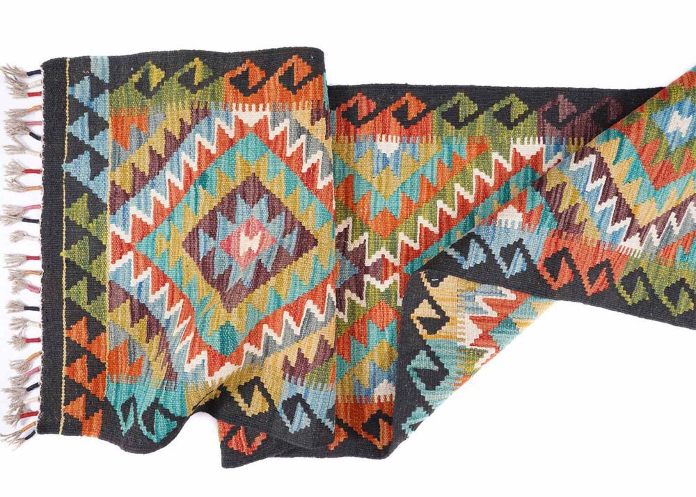 Handwoven Kilim Black & Orange Multicolor Runner Rug – 6.7x2 ft - Rugs Turkey