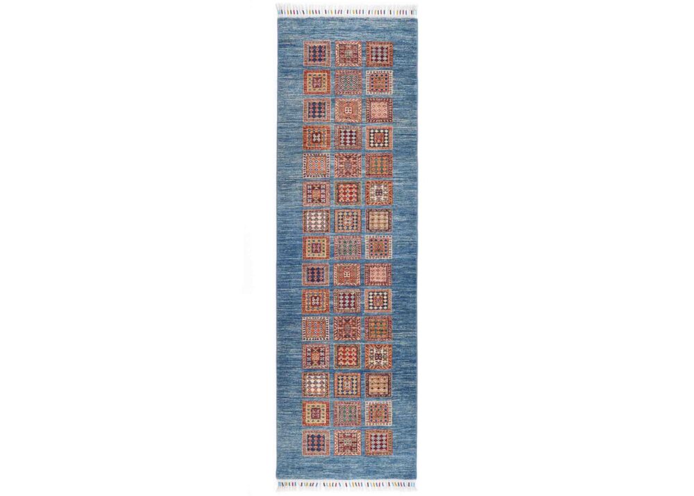 Horcun Hand-Knotted Checkered Runner Rug 9x2.6 ft - Blue & Orange - Rugs Turkey