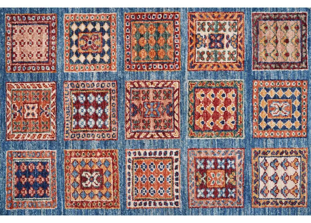 Horcun Hand-Knotted Checkered Runner Rug 9x2.6 ft - Blue & Orange - Rugs Turkey