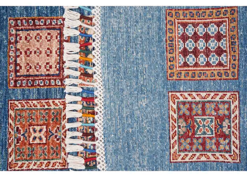 Horcun Hand-Knotted Checkered Runner Rug 9x2.6 ft - Blue & Orange - Rugs Turkey