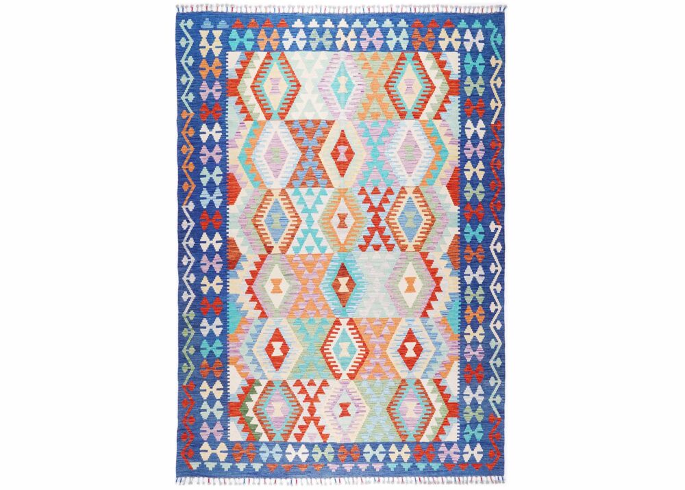 Kilim Rug Geometric Pattern Handwoven Wool Carpet 8x6 ft - Rugs Turkey