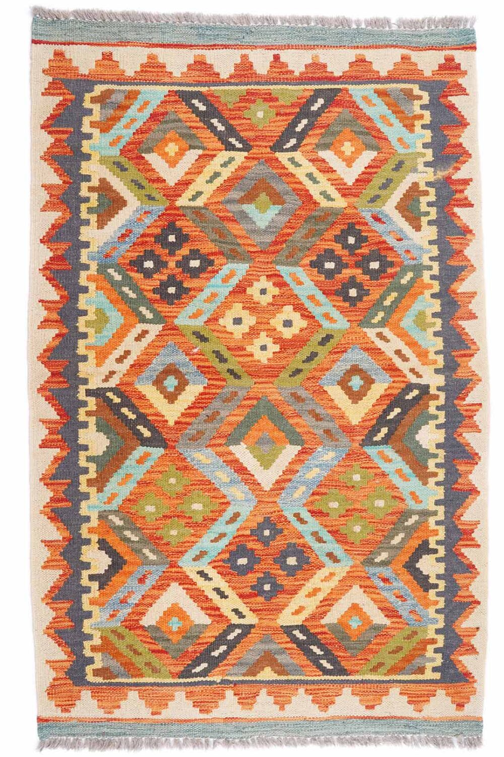 Kilim Yellow Orange Rug 4x2.6 ft Geometric Pattern Handwoven - Rugs Turkey