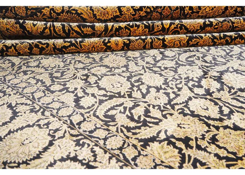 Medallion Black and Gold Rug Floral Pattern 7x5 ft Silk-Bamboo - Rugs Turkey