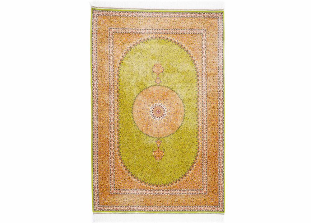 Medallion Green and Gold Rug with Medallion Design Turkish Silk Rugs - Rugs Turkey