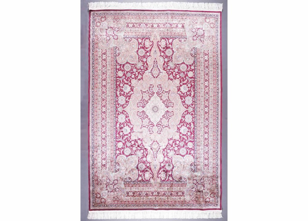 Medallion Red Floral Carpet for Living Room 9x6 ft - Rose Gold Bamboo-Silk - Rugs Turkey