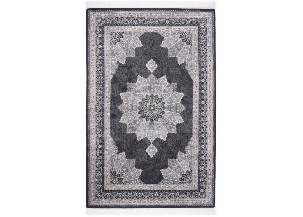 Medallion Silk-Bamboo Black and Grey Rug for Living/Bedroom 4x6 ft - Rugs Turkey