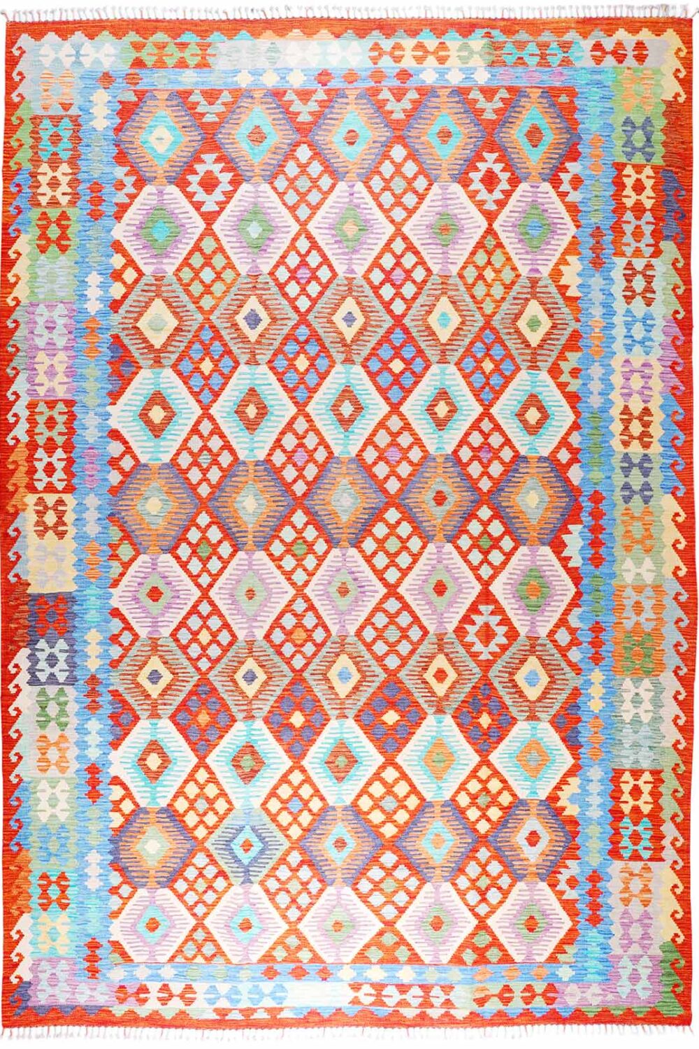 Orange & Blue Geometric Rug Flatweave - Modern Kilim Rug 11x8 ft - Rugs Turkey