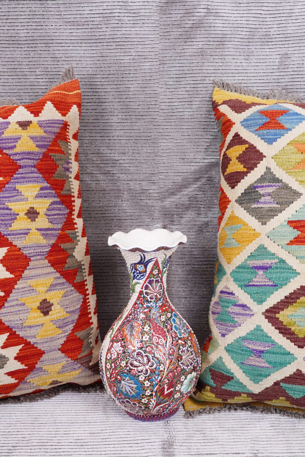 Set of 2 Pillow Geometric Wool Kilim Handwoven 1.4x1.7 ft  - Rugs Turkey