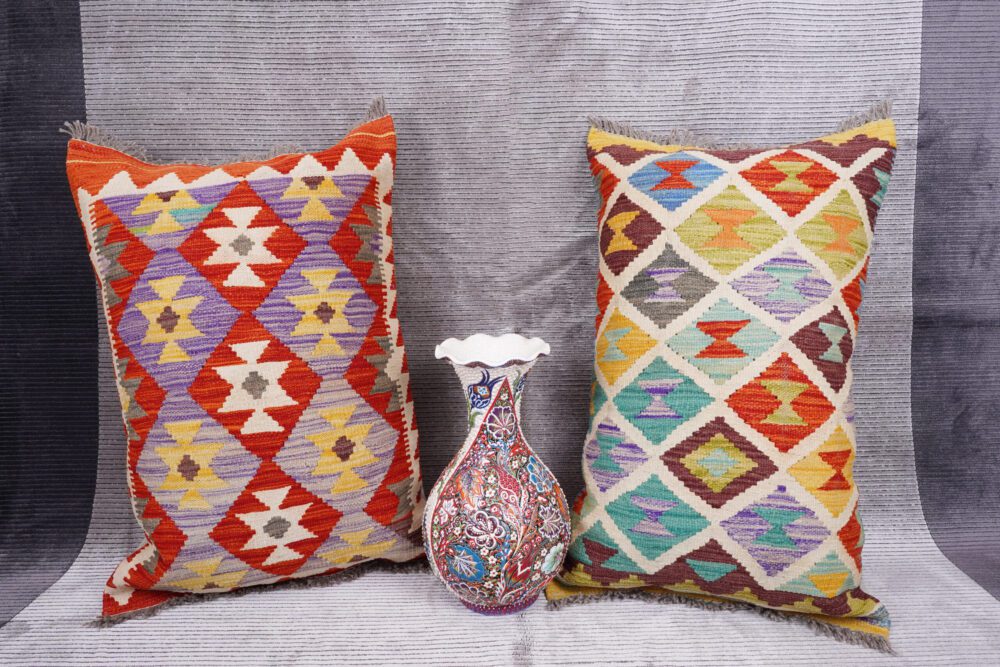 Set of 2 Pillow Geometric Wool Kilim Handwoven 1.4x1.7 ft  - Rugs Turkey