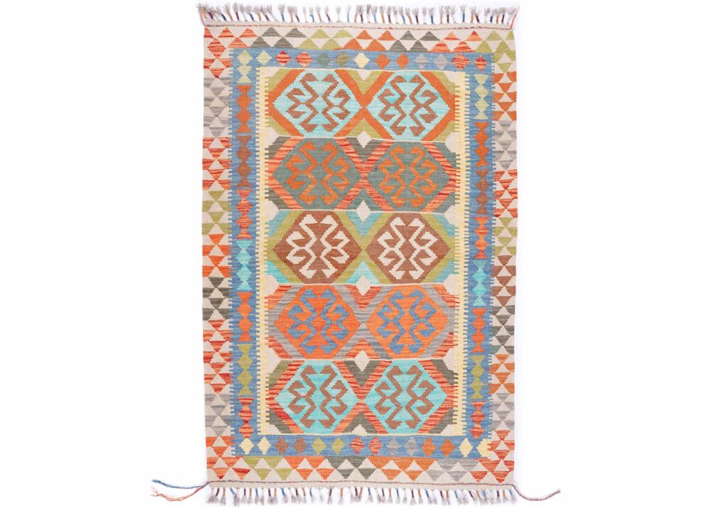 Stunning Orange & Blue Wool Rug Handwoven 4.8x3 ft Kilim - Rugs Turkey