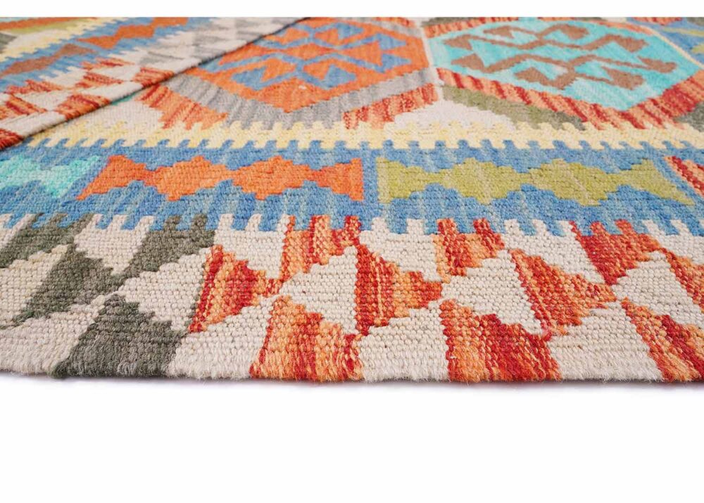 Stunning Orange & Blue Wool Rug Handwoven 4.8x3 ft Kilim - Rugs Turkey