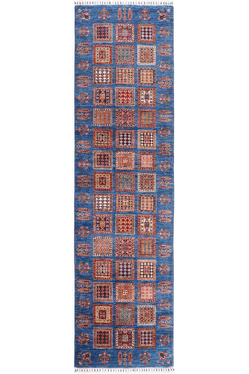 Sultani Blue Runner Hand Knotted 10x3 ft Check Pattern Area Rug - Rugs Turkey