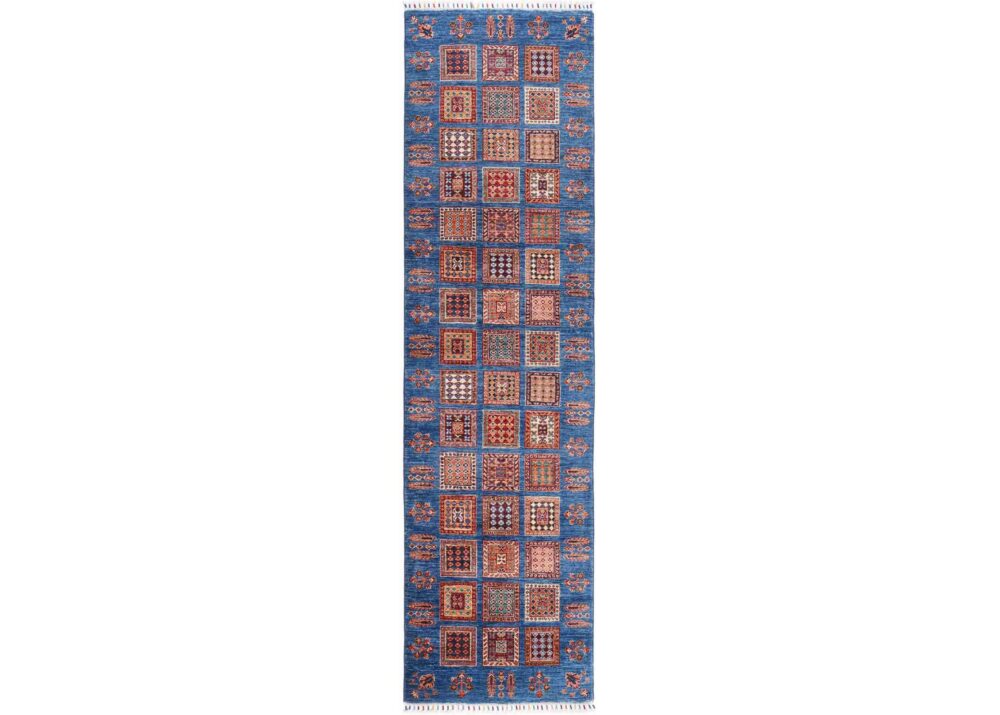 Sultani Blue Runner Hand Knotted 10x3 ft Check Pattern Area Rug - Rugs Turkey