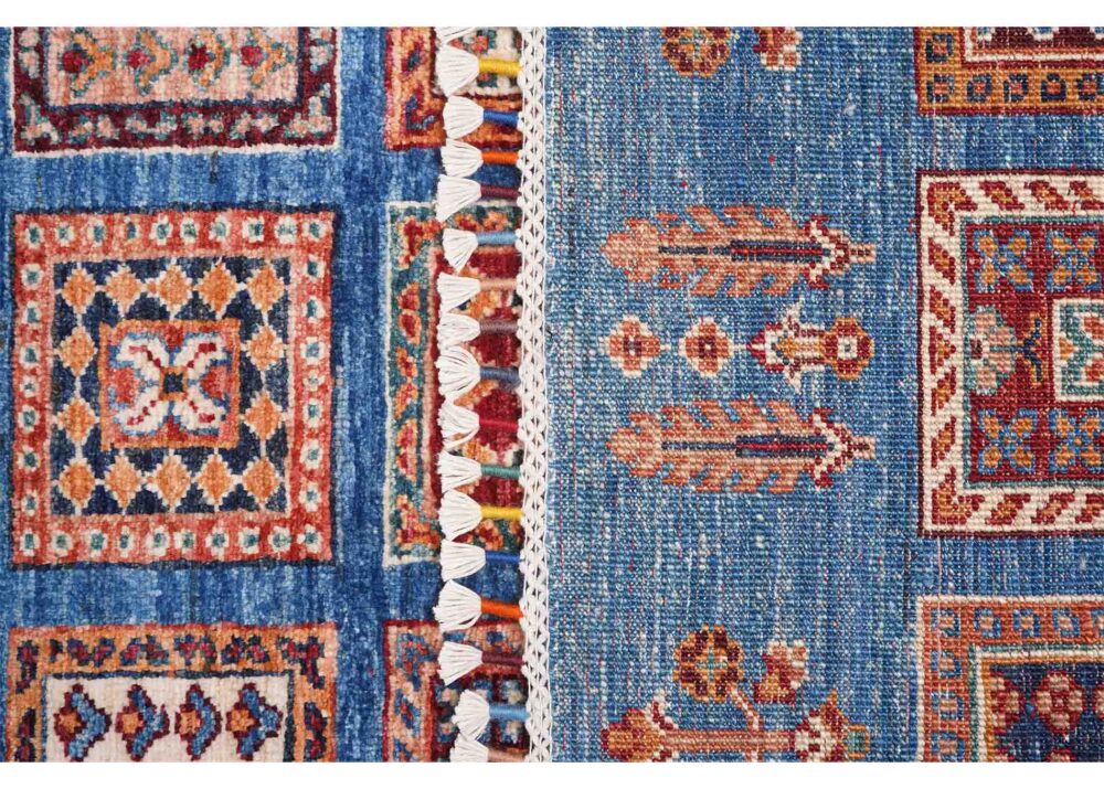 Sultani Blue Runner Hand Knotted 10x3 ft Check Pattern Area Rug - Rugs Turkey