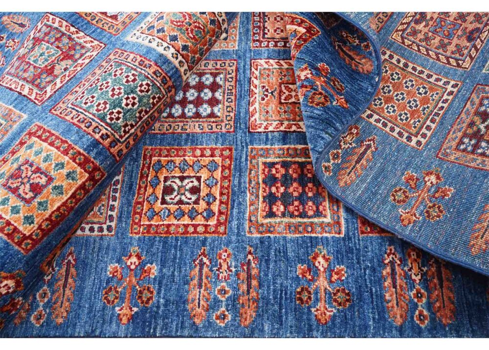 Sultani Blue Runner Hand Knotted 10x3 ft Check Pattern Area Rug - Rugs Turkey