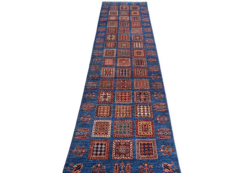 Sultani Blue Runner Hand Knotted 10x3 ft Check Pattern Area Rug - Rugs Turkey