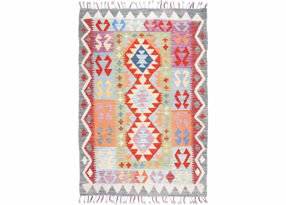 Totally Handwoven with Wool Grey and Red Area Rug Kilim 5x3 ft - Rugs Turkey