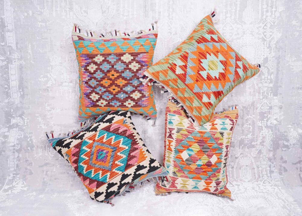 4 Pcs Floor Cushion Pillows Set Handwoven Kilim with Wool - Rugs Turkey