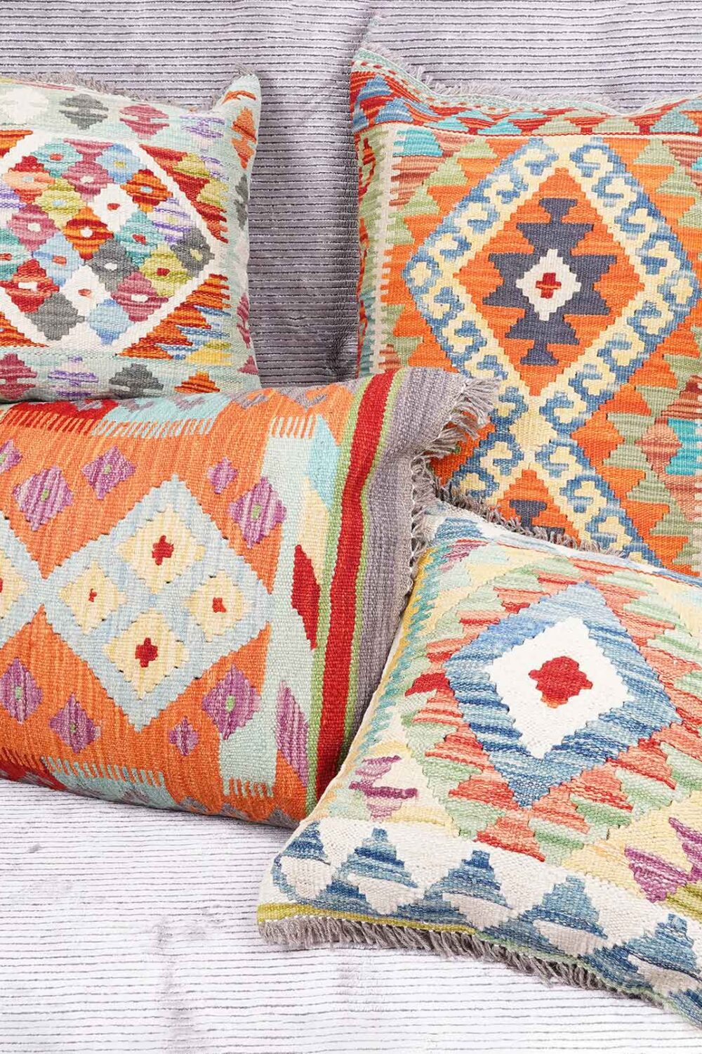 4Pcs Boho Floor Cushions - Handwoven Multicolored Kilim Pillows - Rugs Turkey