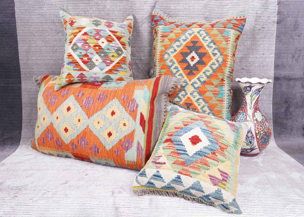 4Pcs Boho Floor Cushions - Handwoven Multicolored Kilim Pillows - Rugs Turkey