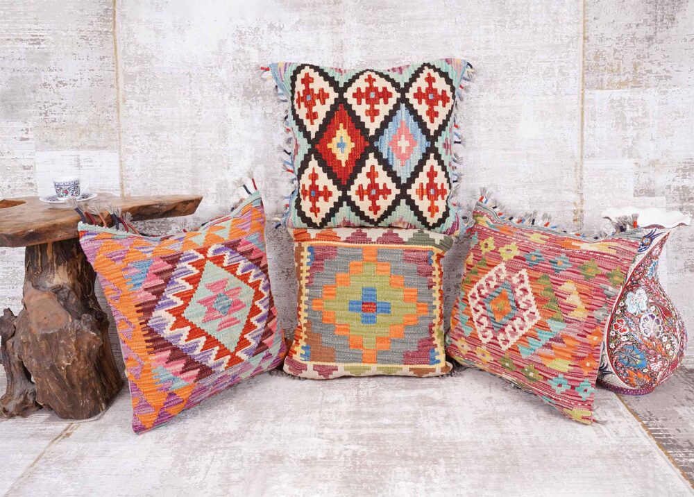 Boho Floor Pillows Cushion for Living Room - Handwoven Kilim 4Pcs - Rugs Turkey