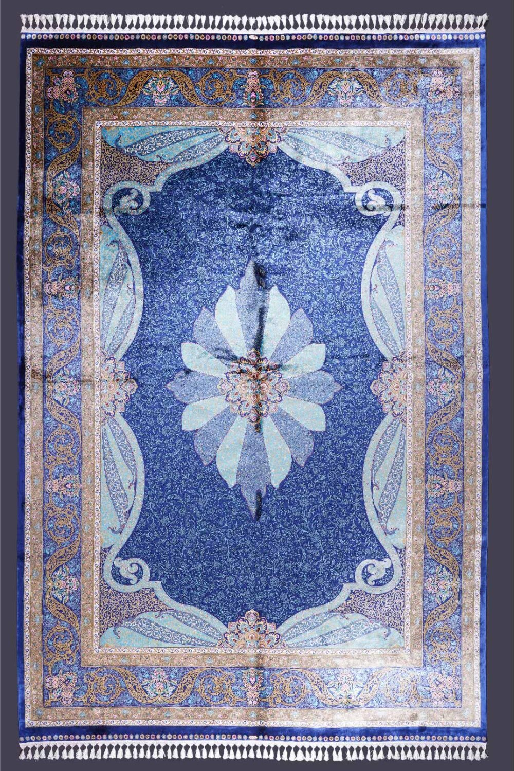 Dark Blue Rugs for Living Room Large Medallion Design 7.8x11 ft Silk - Rugs Turkey