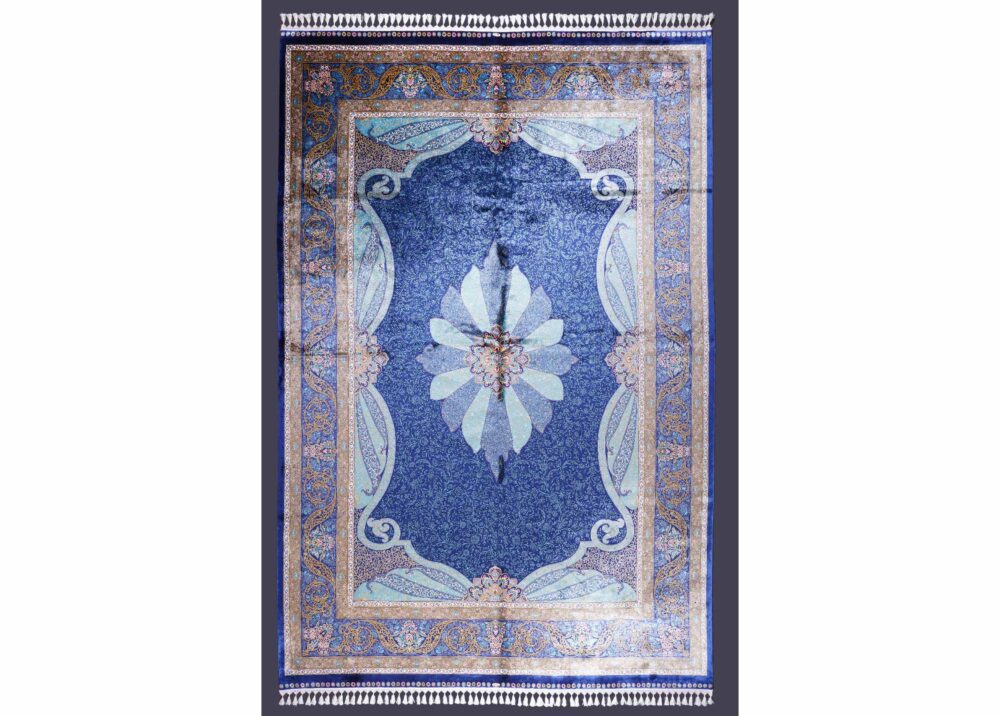 Dark Blue Rugs for Living Room Large Medallion Design 7.8x11 ft Silk - Rugs Turkey