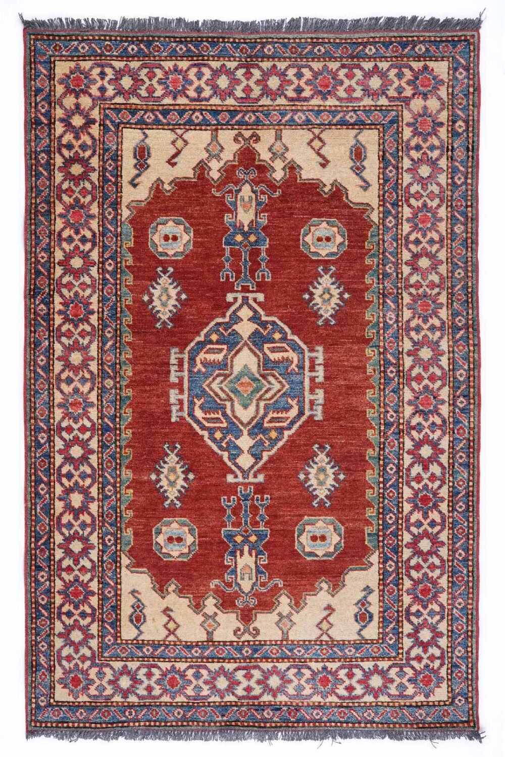 Elegant Geometric Rug in Blue and Red – Hand-Knotted Traditional Design 5x3.3 ft - Rugs Turkey