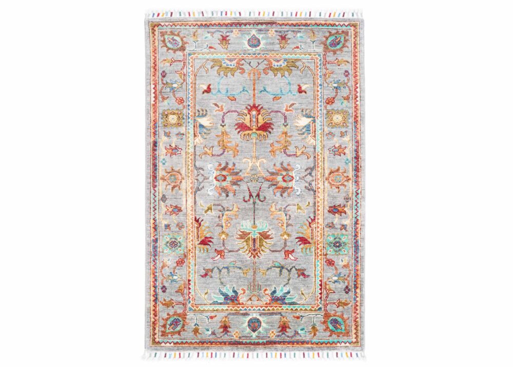 Elegant Hand-Knotted Grey and Orange Rug - Traditional Oriental Pattern for Home Decor 4.1x2.6 ft - Rugs Turkey