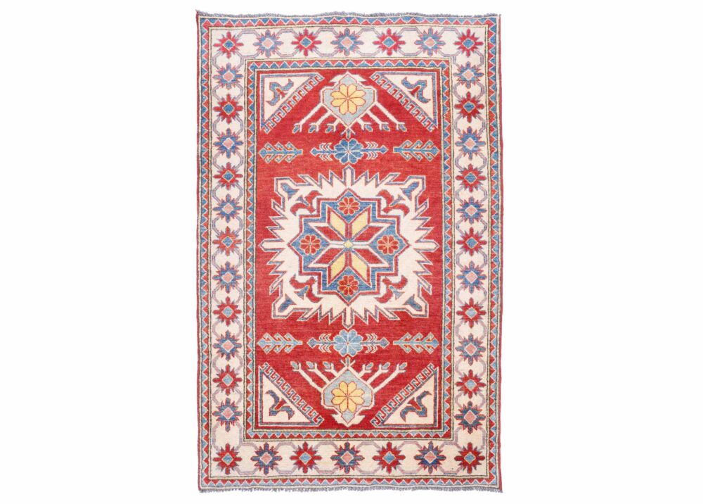 Elegant Traditional Hand-Knotted Modern Geometric Rug in Red and Beige 5.3x3.3 ft - Rugs Turkey