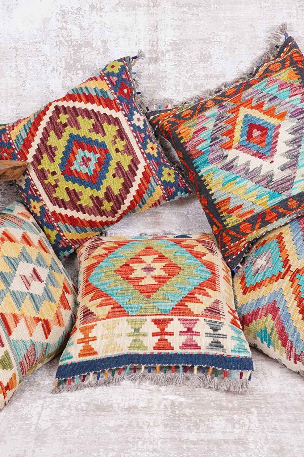 Ethnic Bohemian Set of 5 Pillows Handwoven Cushion Geometric Kilim - Rugs Turkey