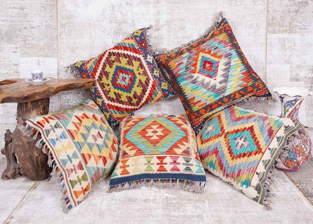 Ethnic Bohemian Set of 5 Pillows Handwoven Cushion Geometric Kilim - Rugs Turkey