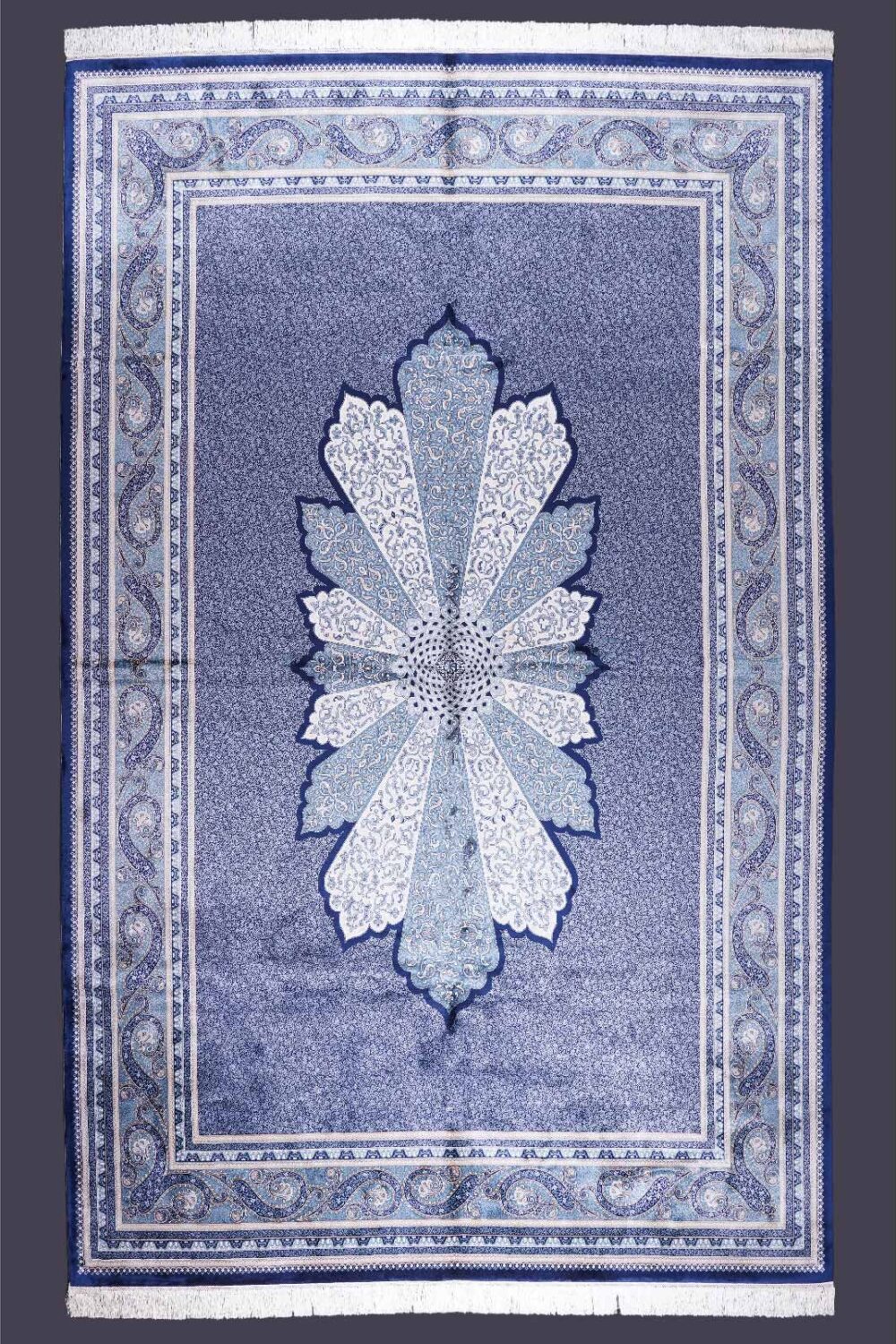 Exclusive Ottoman Silk Blue and White Oriental Rug 7.8x11 ft - Rugs Turkey