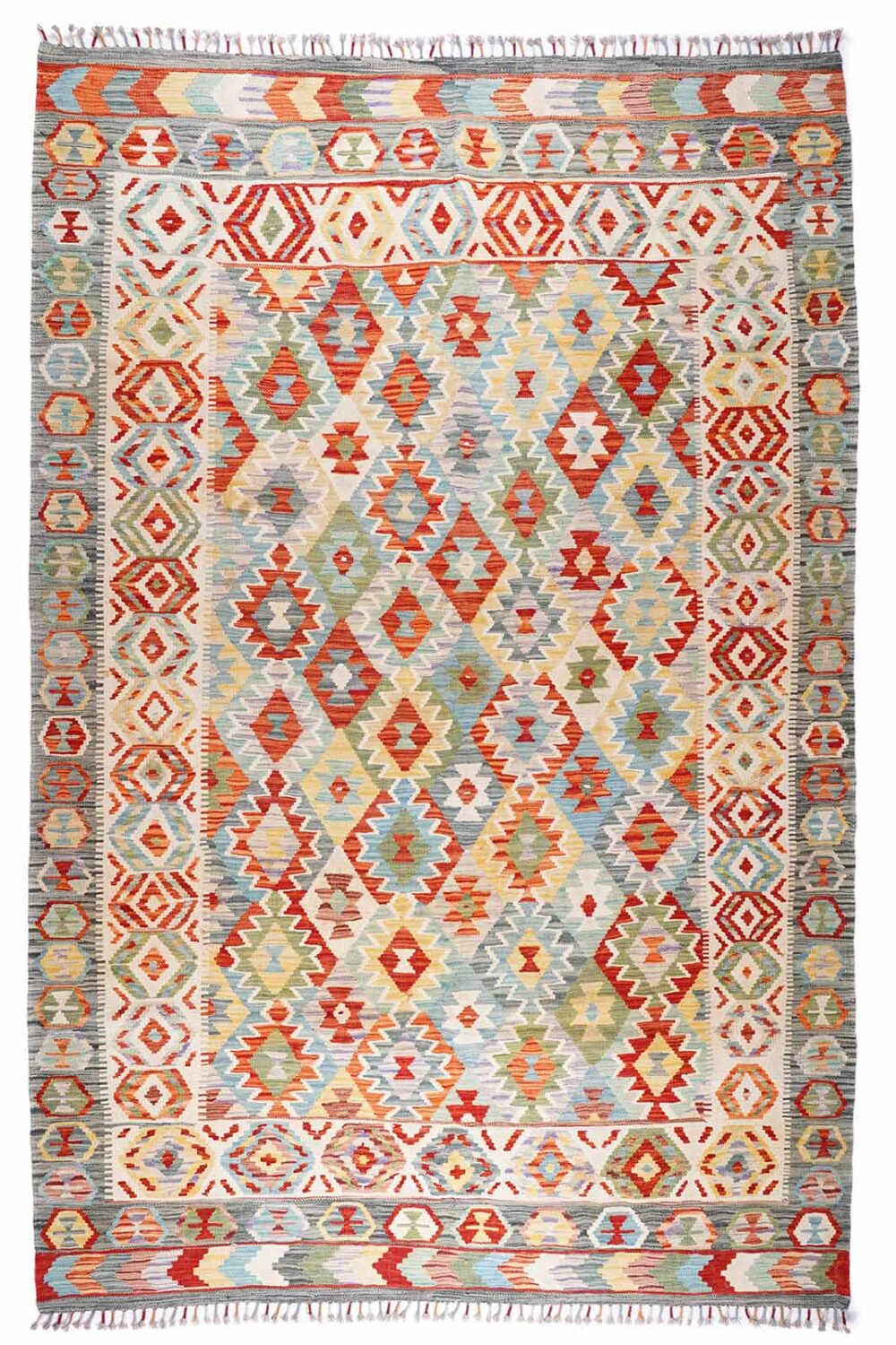 Flatweave Wool Area Rug 9.6x6.6 ft Multicolor Geometric Kilim - Rugs Turkey