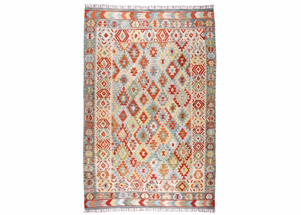 Flatweave Wool Area Rug 9.6x6.6 ft Multicolor Geometric Kilim - Rugs Turkey