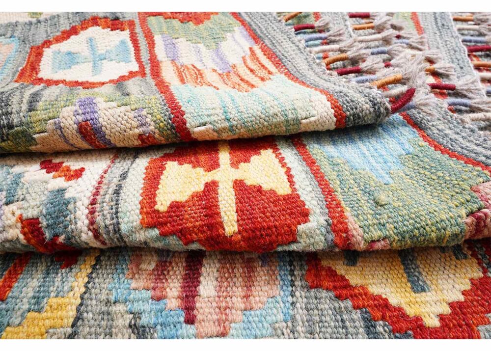 Flatweave Wool Area Rug 9.6x6.6 ft Multicolor Geometric Kilim - Rugs Turkey