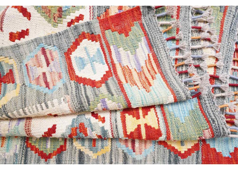 Flatweave Wool Area Rug 9.6x6.6 ft Multicolor Geometric Kilim - Rugs Turkey