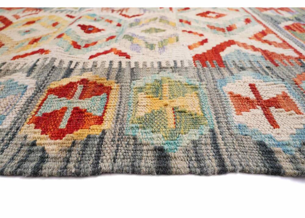 Flatweave Wool Area Rug 9.6x6.6 ft Multicolor Geometric Kilim - Rugs Turkey